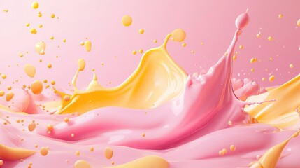 Fototapete - 3D rendering of abstract liquid forms with smooth pastel splashes resembling a creamy smoothie featuring yellow wavy jets food ingredients and decorative cosmetic fluid elements
