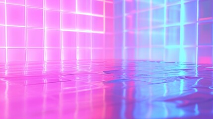 Poster - 3D render of an abstract background featuring a square screen with pixel details neon lights and ultraviolet hues showcasing a vibrant pink and blue color palette with reflections on the floor