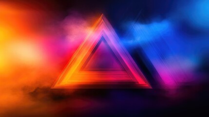 Poster - Abstract geometric design featuring layered triangular forms in vivid hues of orange pink and blue merging with a textured atmospheric backdrop