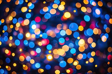 Poster - Colorful bokeh lights on a dark background creating a festive atmosphere.