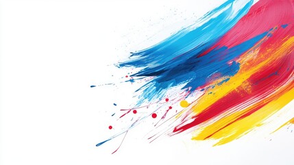 Poster - Acrylic paint background banner featuring abstract strokes and splashes in blue red and yellow isolated on a white texture