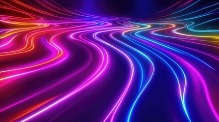 Poster - 3D rendering featuring glowing lines neon lights and an abstract psychedelic background with vibrant ultraviolet and rainbow colors reminiscent of a laser show