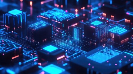 Fototapete - Abstract illustration of blue technology featuring photons and a big data network