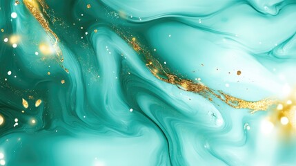 Poster - Abstract fluid art featuring waves in mint turquoise hues with liquid gold accents creating a stunning marble like background or texture