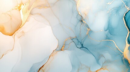 Poster - Abstract art featuring marble ombre with alcohol ink showcasing a background of white gold and light blue hues complemented by delicate gold veins