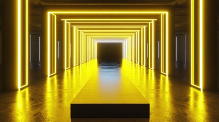 Poster - 3D render of an abstract corridor featuring neon yellow lights resembling a virtual reality space with a fashion podium and an empty club interior reflected on the floor