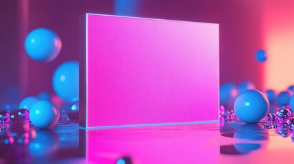 Poster - 3D render of an abstract background featuring a square screen with pixel details neon lights and ultraviolet hues showcasing a vibrant pink and blue color palette with reflections on the floor