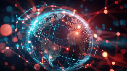 Fototapete - A luminous digital globe displaying interlinked lines and nodes highlighting continents in an abstract depiction of global connectivity and communication creates a floating high tech world
