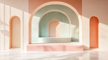 Poster - 3d rendering of an abstract geometric background featuring a pastel colored art deco display fashion