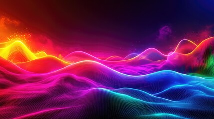 Poster - 3D rendering featuring glowing lines neon lights and an abstract psychedelic background with vibrant ultraviolet and rainbow colors reminiscent of a laser show