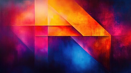 Poster - Abstract geometric design featuring layered triangular forms in vivid hues of orange pink and blue merging with a textured atmospheric backdrop