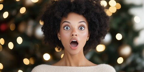 Poster - A woman with a surprised expression on her face is standing in front of a Christmas tree. The tree is decorated with many ornaments, including some that are hanging from the branches