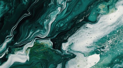 Poster - abstract fluid art featuring a free flowing blend of green and white paint on a marble like texture