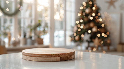 Wall Mural - Empty wooden table in front of abstract blurred Christmas light background for product display in a coffee shop, local market or bar