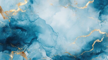 Poster - acrylic fluid art featuring liquid gold waves on a blue watercolor backdrop creating an abstract mar
