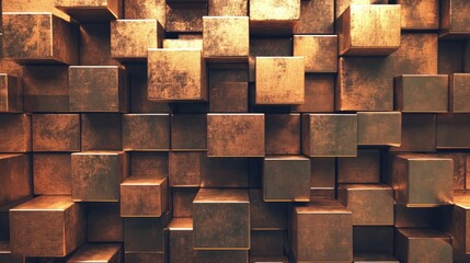 Poster - Abstract glossy brown mosaic tile wall texture featuring geometric shapes creating a glamorous 3D wood background with square cubes