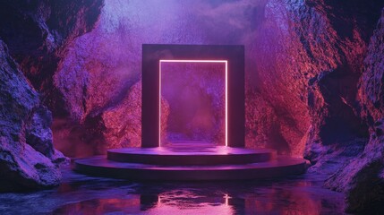 Poster - 3D rendering of a virtual reality scene featuring a neon lit rectangular portal an abstract tunnel in ultraviolet hues and reflections on a catwalk podium stage