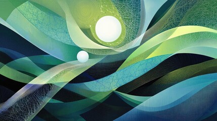 Poster - an abstract design featuring a wire in green and blue with a white dot at its center