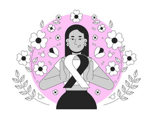 Poster - Middle eastern feminist movement of pink ribbon black and white 2D illustration concept. Breast cancer solidarity. Turkish woman femininity outline character isolated. Metaphor monochrome vector art