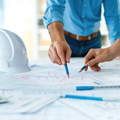 Poster - Two hands with pens are working on blueprints on a table, accompanied by a white hard hat, suggesting construction or architectural planning.