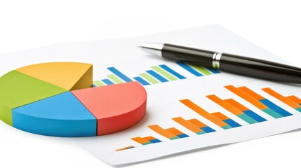 Poster - A colorful pie chart and bar graphs on paper with a pen, illustrating data analysis and visualization concepts.