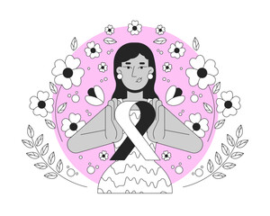 Poster - South asian feminist movement of pink ribbon black and white 2D illustration concept. Breast cancer solidarity. Indian young woman femininity outline character isolated. Metaphor monochrome vector art