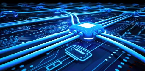 Poster - A futuristic circuit board featuring luminous blue connections, symbolizing advanced technology and networking.