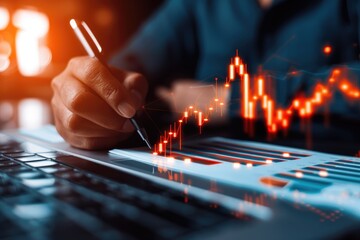 Poster - A person analyzes financial data on a laptop, with glowing charts indicating market trends and performance insights.