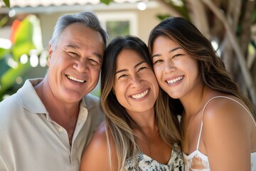 Multi-generational family of three enjoying a sunny day in the backyard