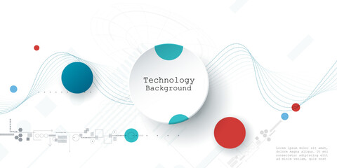 Aufkleber - Vector illustration abstract modern technology design. White circle, geometric shape, wave wireframe line pattern and circuit board on white - grey background. Technology concept for banner, template