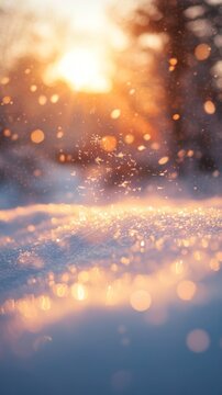 winter wonderland banner featuring snowflakes, bokeh, snowdrifts, and a sunset sky glow