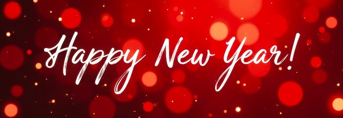 festive background in various shades of red with bright bokeh lights, text Happy New Year in elegant white cursive script in center. email greeting cards, header, panoramic website background concept.