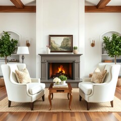 Two chairs and sofa near fireplace. French country interior design of modern living room