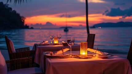 romantic candlelight dinner table setup for couple with beautiful light as background, New year s eve, Happy New year