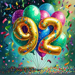 Birthday / anniversary balloon, number 92, colorful illustration with confetti and festive decoration