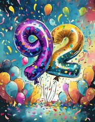 Birthday / anniversary balloon, number 92, colorful illustration with confetti and festive decoration