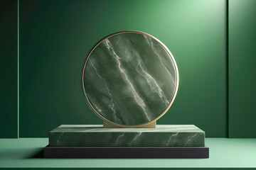 A green marble circle mounted on a raised platform, creating a luxurious ambiance, perfect for showcasing premium products in an elegant, opulent setting.