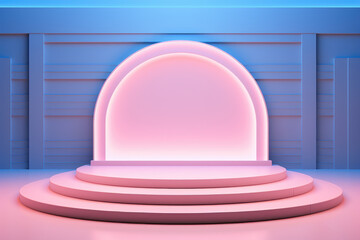 Poster - This image depicts a minimalist stage design with soft light pink and blue hues, featuring a smooth archway, creating a calming and serene atmosphere.