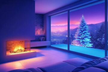 Poster - Modern minimalist holiday design concept, with a transparent acrylic Christmas tree with colorful LED strips blending with modern decor.