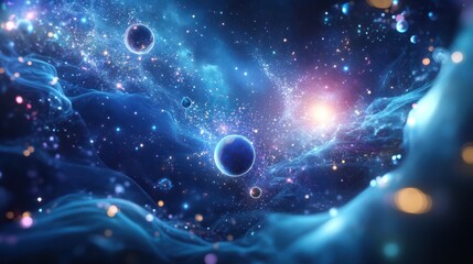 Fototapete - A mesmerizing abstract scene with glowing quantum planets forming a cosmic system surrounded by floating particles