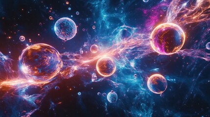 Fototapete - A mesmerizing abstract scene with glowing quantum planets forming a cosmic system surrounded by floating particles