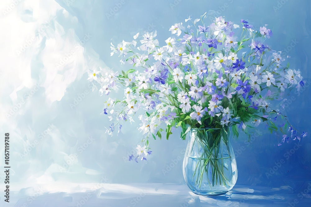 Oil painting with brushstrokes, depicting beautiful flowers in a glass vase. The flowers are a mix of white and purple wildflowers