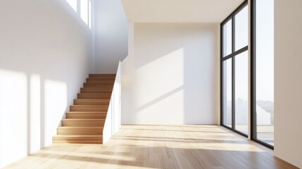 Poster - A large, empty room with a staircase leading up to it