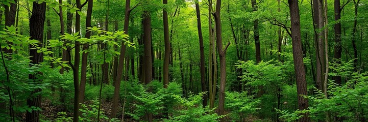 Wall Mural - Thick green foliage covers the forest floor, with towering trees reaching up towards the sunlight above, foliage, forest, wild