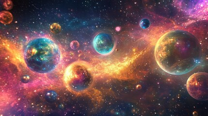 Fototapete - A mesmerizing abstract scene with glowing quantum planets forming a cosmic system surrounded by floating particles