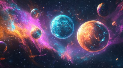 Fototapete - A mesmerizing abstract scene with glowing quantum planets forming a cosmic system surrounded by floating particles
