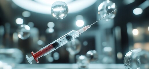 Poster - A close-up of a syringe with a red liquid inside, floating in the air with a blurred background of bubbles.