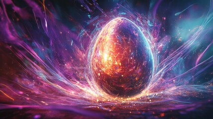 Poster - An artistic interpretation of a quantum egg emerging from a vibrant, swirling vortex of energy.