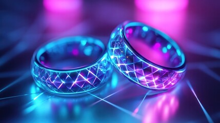 Poster - futuristic quantum wedding rings glowing with blue and purple neon lights on a sleek white background
