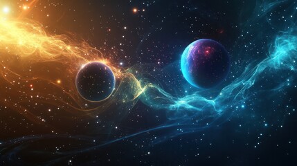 Poster - Quantum planets emitting soft light and connected by invisible gravitational waves the background